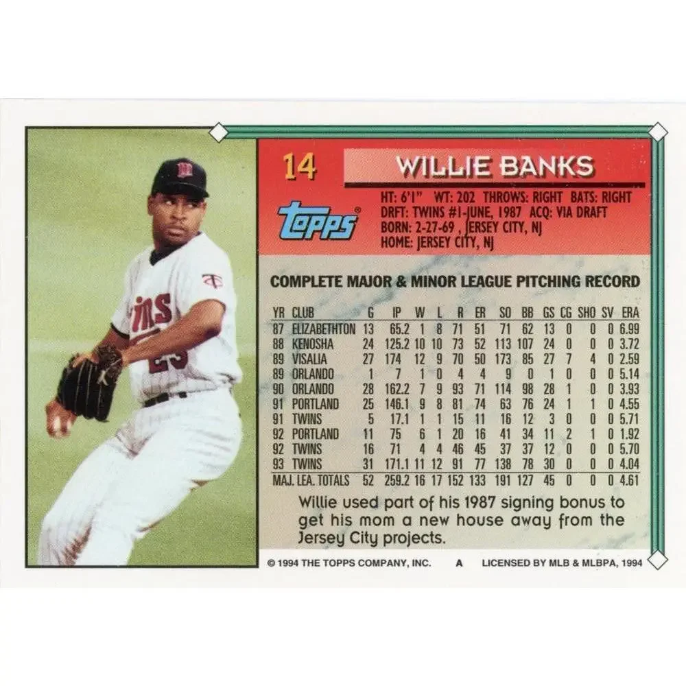 1994 Topps Willie Banks # 14 Minnesota Twins